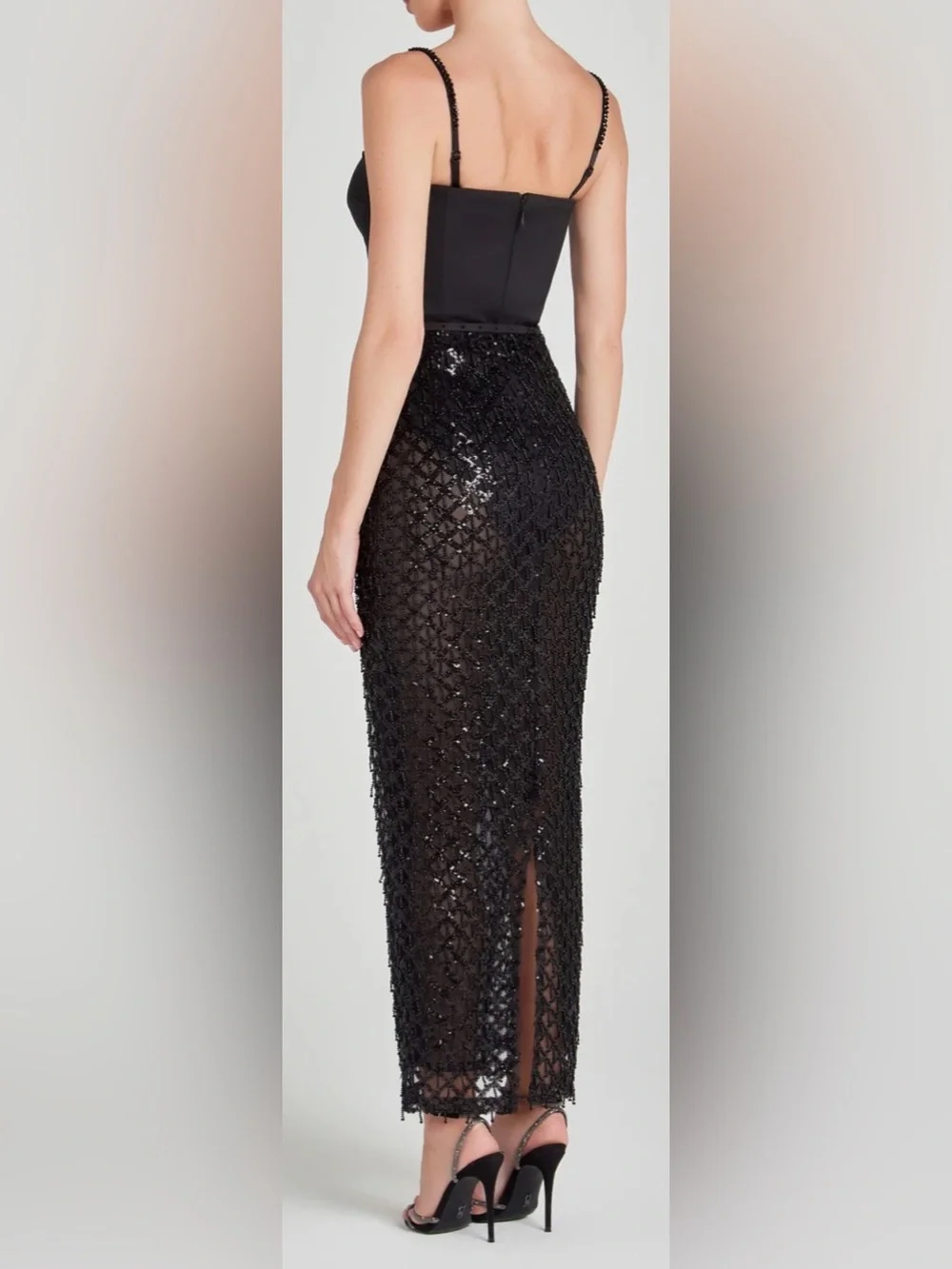 NEW NADINE MERABI Valentina Mixed Media Black Beaded Bustier Gown Sz 2 - Picture 4 of 12